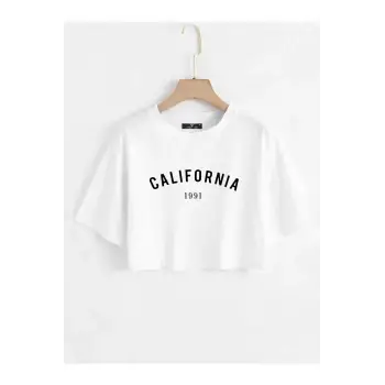Kadın Beyaz California Baskılı Oversize Crop