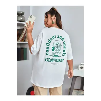 Kadın Beyaz Confied Baskılı Bisiklet Yaka Tshirt
