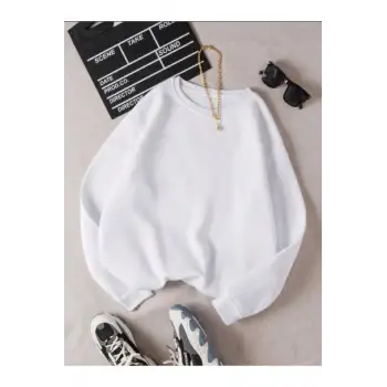 Kadın Beyaz Düz Bisiklet Yaka Sweatshirt TS-BASKSZBSKLTKS