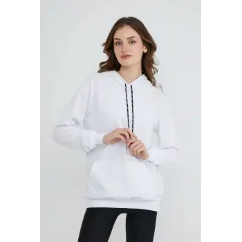 Kadın Beyaz Kapüşonlu Kanguru Cep Sweatshirt