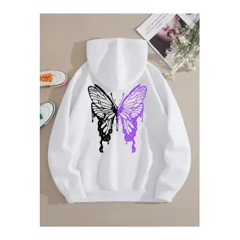 Kadın Beyaz Kelebek Baskılı Kapüşonlu Sweatshirt