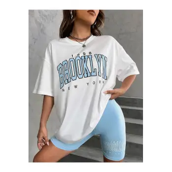 Kadın Beyaz Mavi Brooklyn Bisiklet Yaka Tshirt