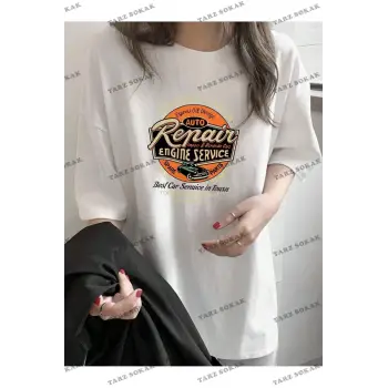 Kadın Beyaz Repair Baskılı Oversize