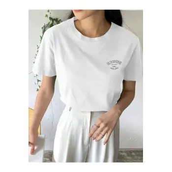 Kadın Beyaz Sunshine Baskılı Oversize Tişört