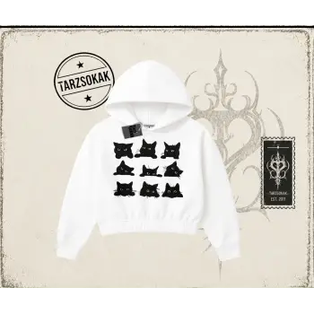 Kadın Black Cats Kadın Crop Kapşonlu Sweatshirt Beyaz