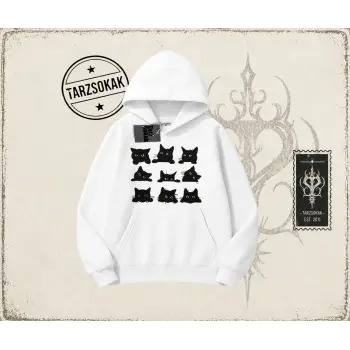 Kadın Black Cats Oversize Unisex Kapşonlu Sweatshirt Beyaz