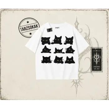 Kadın Black Cats Oversize Unisex Tişört Beyaz