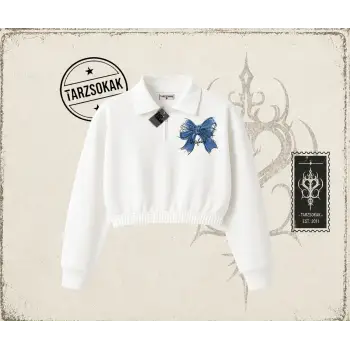 Kadın Borfend Kadın Crop Polo Yaka Yarım Fermuarlı Sweatshirt Beyaz
