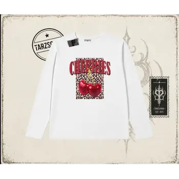 Kadın Cherries Leopar Biskilet Yaka  Long Sleeve Beyaz