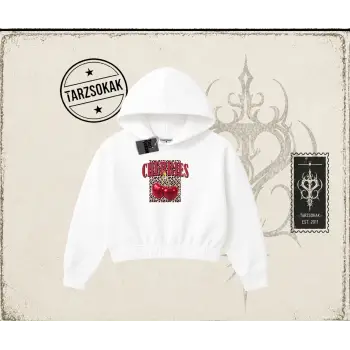 Kadın Cherries Leopar Kadın Crop Kapşonlu Sweatshirt Beyaz