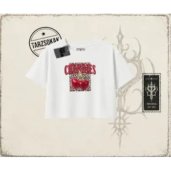 Kadın Cherries Leopar Kadın Crop Tişört Beyaz