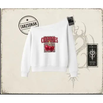 Kadın Cherries Leopar Kadın Kayık Yaka Sweatshirt Beyaz
