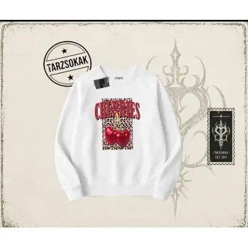 Kadın Cherries Leopar Oversize Unisex Bisiklet Yaka Sweatshirt Beyaz