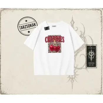 Kadın Cherries Leopar Oversize Unisex Tişört Beyaz