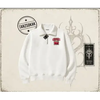 Kadın Cherries Leopar Unisex Polo Yaka Yarım Fermuarlı Sweatshirt Beyaz
