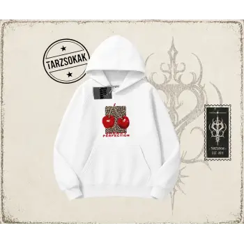 Kadın Cherry Perfection Leopar Oversize Unisex Kapşonlu Sweatshirt Beyaz