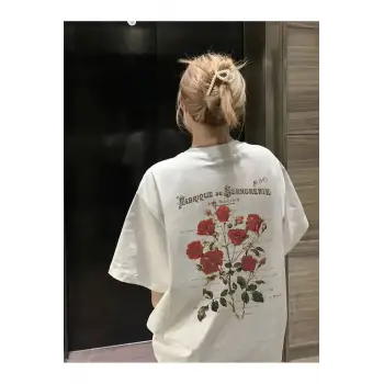 Kadın Çiçekli Baskılı Oversize Kısa Kollu Beyaz Pinterest