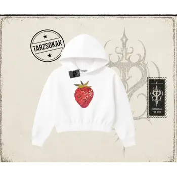 Kadın Çilek Disco Kadın Crop Kapşonlu Sweatshirt Beyaz