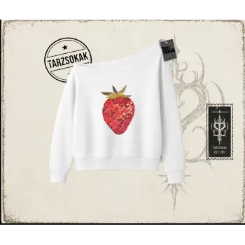 Kadın Çilek Disco Kadın Kayık Yaka Sweatshirt Beyaz