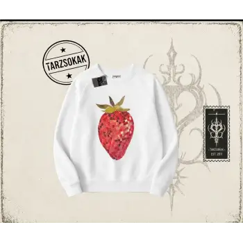 Kadın Çilek Disco Oversize Unisex Bisiklet Yaka Sweatshirt Beyaz