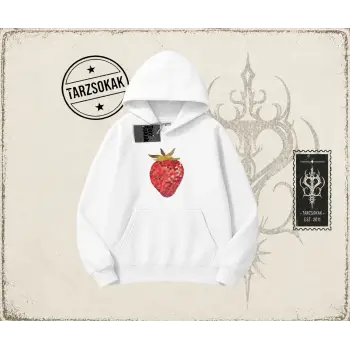 Kadın Çilek Disco Oversize Unisex Kapşonlu Sweatshirt Beyaz