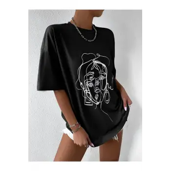 Kadın Çizgili Figür Oversize Siyah T-shirt