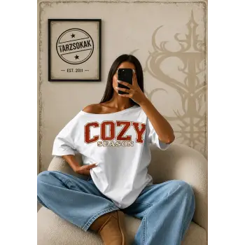 Kadın Cozy Baskılı Kayık Yaka