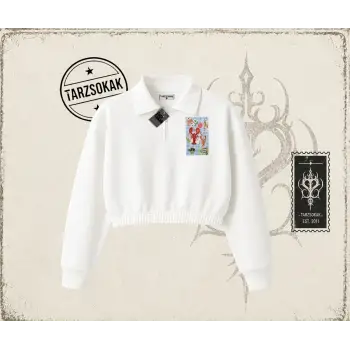 Kadın Crab Picnic Kadın Crop Polo Yaka Yarım Fermuarlı Sweatshirt Beyaz