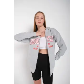 Kadın Gri Brooklyn Baskılı Oversize Hırka brooklynhırka