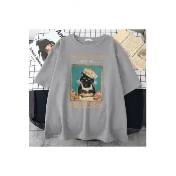 Kadın Gri Fucupcakes Baskılı Oversize Bisiklet Yaka Tshirt