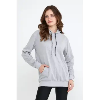 Kadın Gri Kapüşonlu Kangru Cep Sweatshirt
