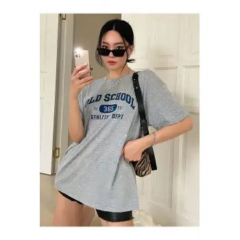 Kadın Gri School Baskılı Bisiklet Yaka Tshirt