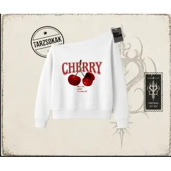 Kadın Have a Nice Weekend Cherry Kadın Kayık Yaka Sweatshirt Beyaz