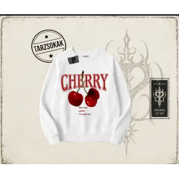 Kadın Have a Nice Weekend Cherry Oversize Unisex Bisiklet Yaka Sweatshirt Beyaz