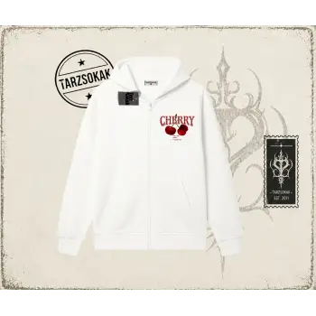 Kadın Have a Nice Weekend Cherry Oversize Unisex Hırka & Çeket Fermuarlı Sweatshirt Beyaz