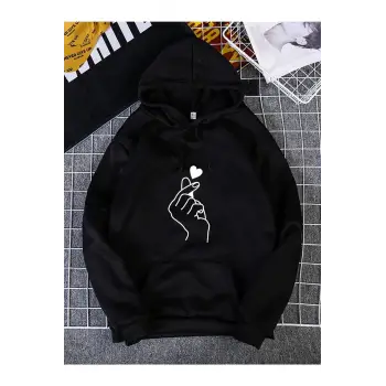 Kadın Heart Baskılı Kapüşonlu Sweatshirt Siyah