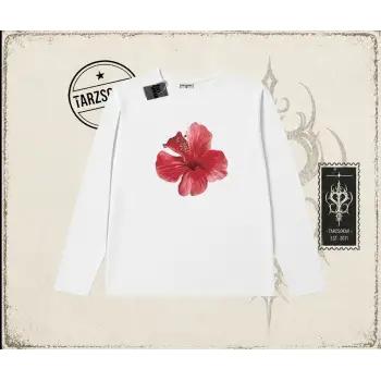 Kadın Hibiscus Biskilet Yaka  Long Sleeve Beyaz