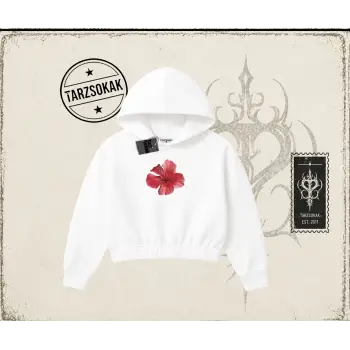 Kadın Hibiscus Kadın Crop Kapşonlu Sweatshirt Beyaz