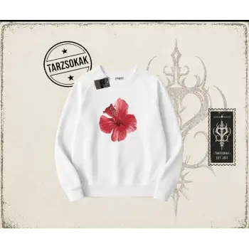 Kadın Hibiscus Oversize Unisex Bisiklet Yaka Sweatshirt Beyaz