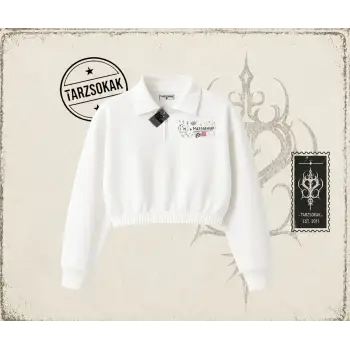 Kadın Im a Mastermind Kadın Crop Polo Yaka Yarım Fermuarlı Sweatshirt Beyaz
