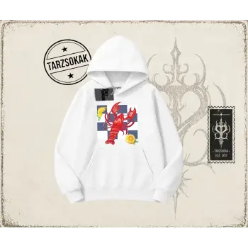 Kadın Istakoz Ekose Oversize Unisex Kapşonlu Sweatshirt Beyaz