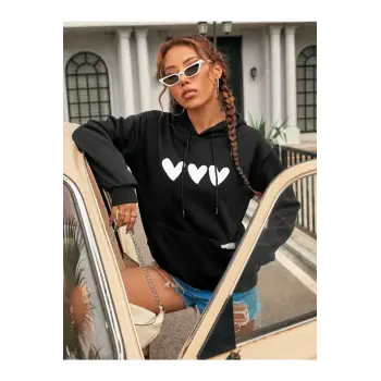 Kadın Kalp Baskılı Kapüşonlu Sweatshirt Siyah