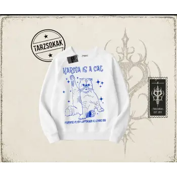 Kadın Karma is a Cat Oversize Unisex Bisiklet Yaka Sweatshirt Beyaz