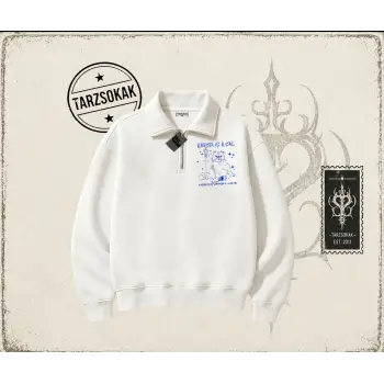 Kadın Karma is a Cat Unisex Polo Yaka Yarım Fermuarlı Sweatshirt Beyaz