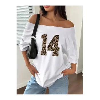 Kadın Kayık Yaka 14 Baskılı Oversize %100 Pamuk