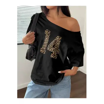 Kadın Kayık Yaka Baskılı Oversize %100 Pamuk