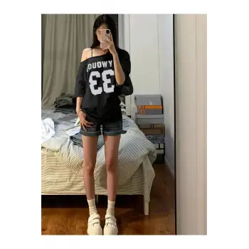 Kadın Kayık Yaka Oywouos Baskılı Oversize %100 Pamuk