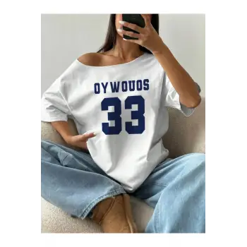 Kadın Kayık Yaka Oywouos Baskılı Oversize %100 Pamuk