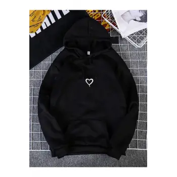 Kadın Küçül Kalp Baskılı Kapüşonlu Sweatshirt Siyah