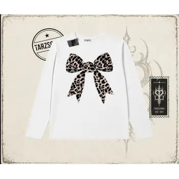 Kadın Leopar Kurdele Biskilet Yaka  Long Sleeve Beyaz